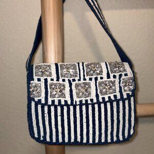 Viral NWT Beaded Rhinestone Shoulder Bag Navy White Striped Mini Purse